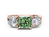 Rose gold Three-Stone Fancy Green Princess Cut Diamond Ring with Round Side Stones, Classic Band, and Four-Prong Setting