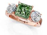 Rose gold Three-Stone Fancy Green Princess Cut Diamond Ring with Round Side Stones, Classic Band, and Four-Prong Setting_1