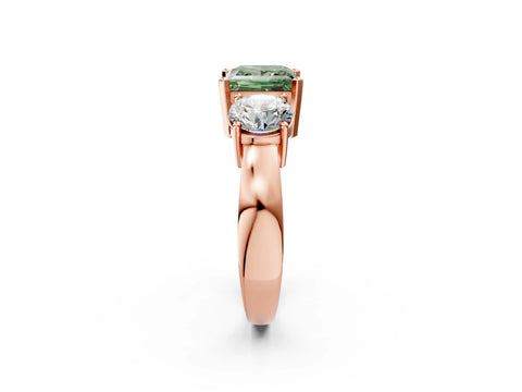 Rose gold Three-Stone Fancy Green Princess Cut Diamond Ring with Round Side Stones, Classic Band, and Four-Prong Setting_2