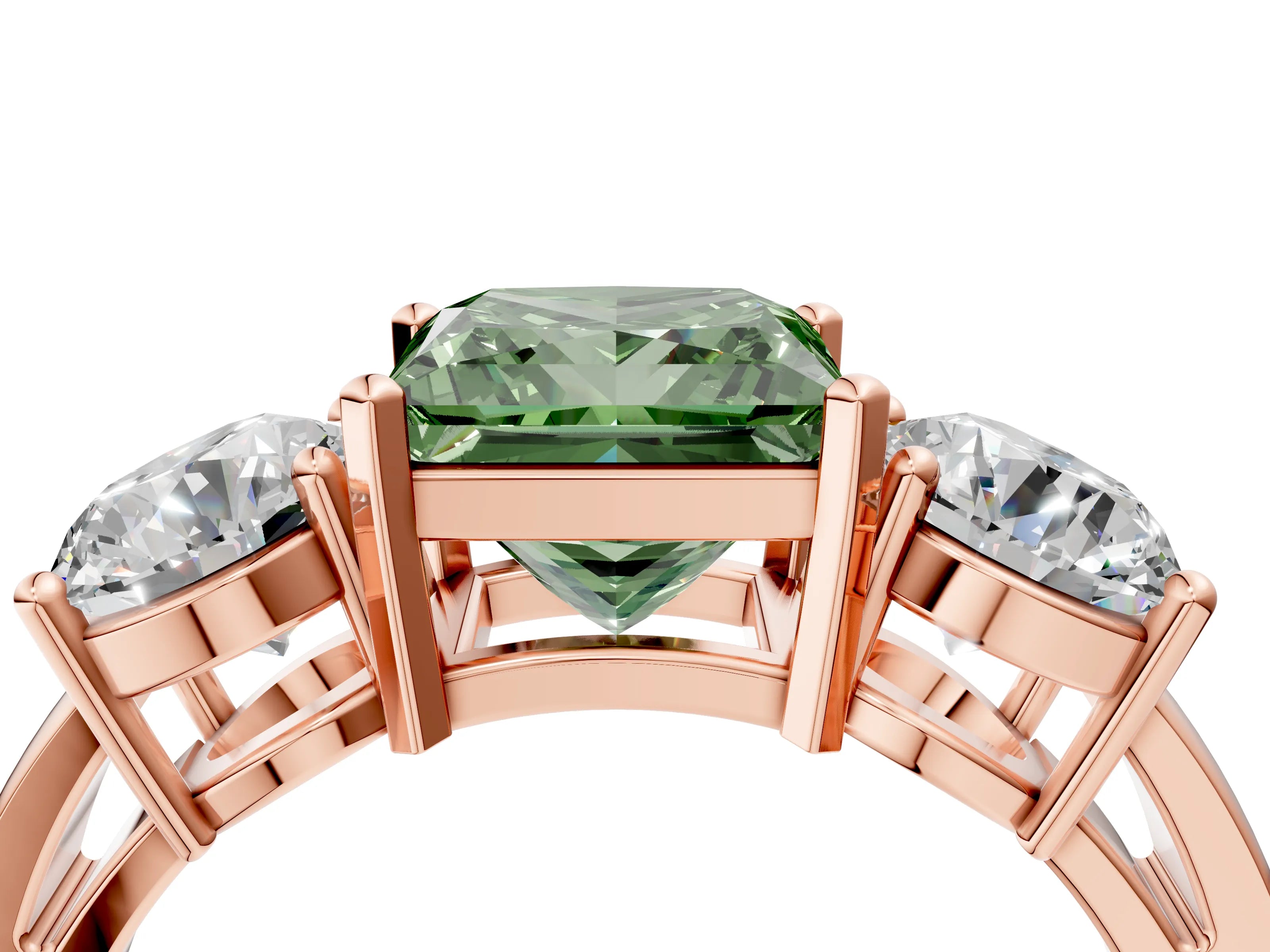 Rose gold Three-Stone Fancy Green Princess Cut Diamond Ring with Round Side Stones, Classic Band, and Four-Prong Setting_4