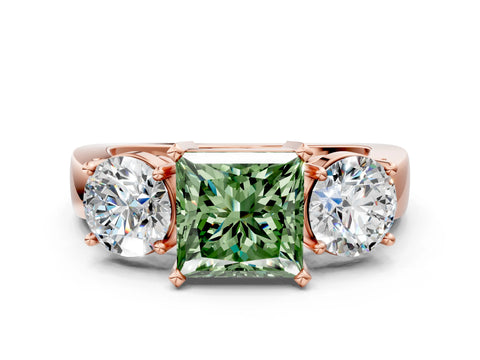 Rose gold Three-Stone Fancy Green Princess Cut Diamond Ring with Round Side Stones, Classic Band, and Four-Prong Setting