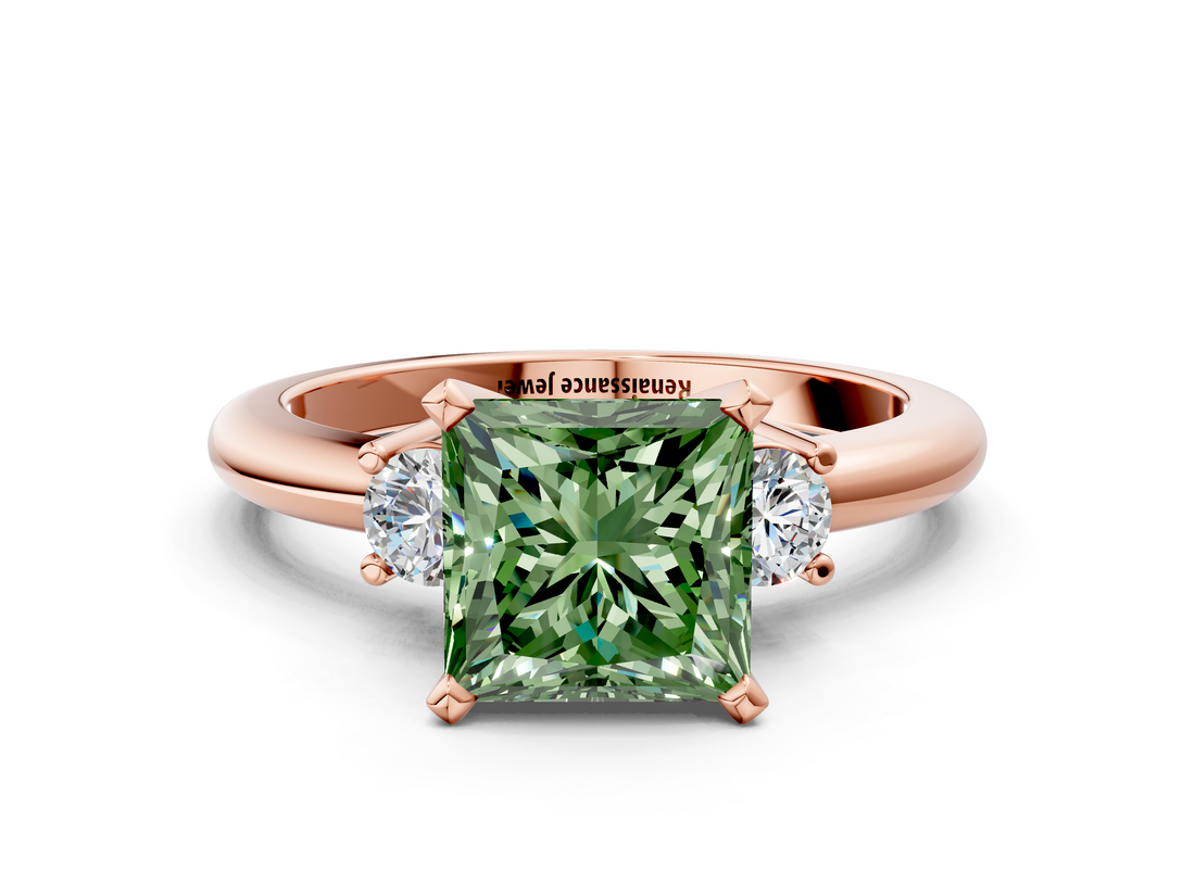 Rose gold Three-Stone Fancy Green Princess  Cut Diamond Solitaire with Prong Setting and Classic Band