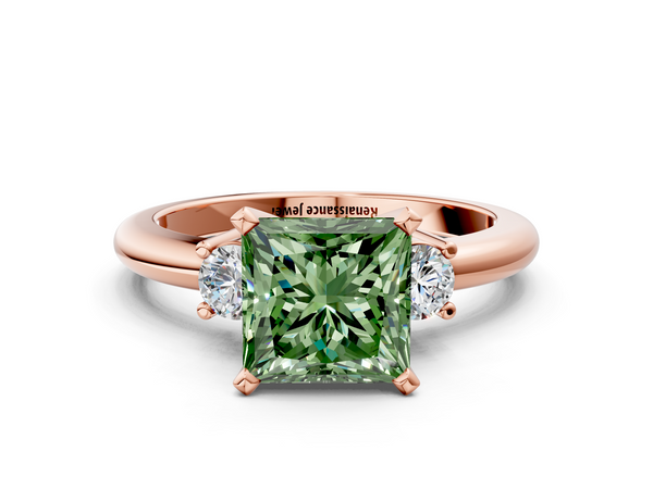 Rose gold Three-Stone Fancy Green Princess  Cut Diamond Solitaire with Prong Setting and Classic Band