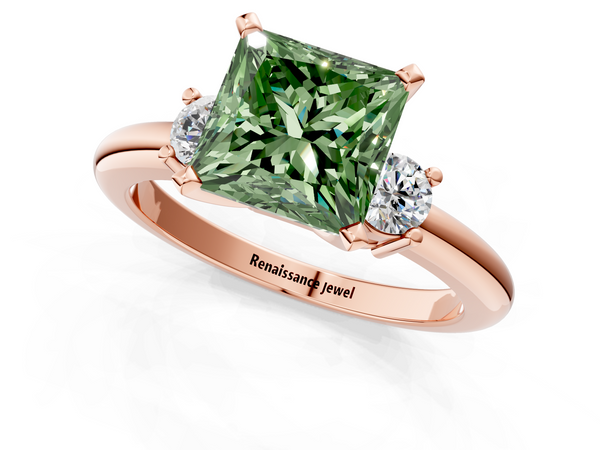 Rose gold Three-Stone Fancy Green Princess  Cut Diamond Solitaire with Prong Setting and Classic Band