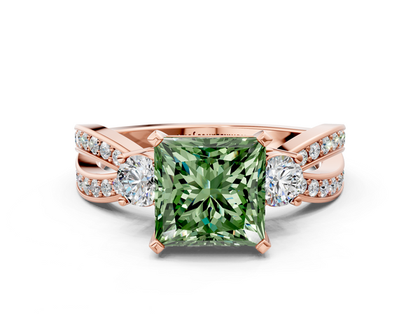 Rose gold Three-Stone Fancy Green Princess  Cut Diamond Twist Band with Prong Setting