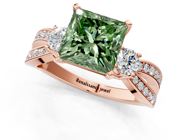 Rose gold Three-Stone Fancy Green Princess  Cut Diamond Twist Band with Prong Setting