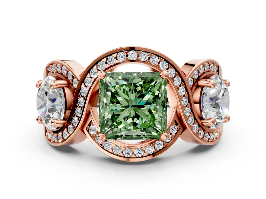 Rose gold Three-Stone Fancy Green Princess Cut Diamond Wave Pave Band with Prong Setting