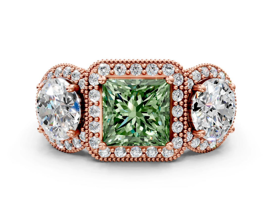 Rose gold Three-Stone Fancy Green Princess Cut Halo Diamond Milgrain Band with Four-Prong Setting
