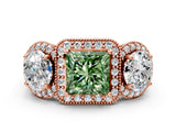 Rose gold Three-Stone Fancy Green Princess Cut Halo Diamond Milgrain Band with Four-Prong Setting
