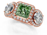Rose gold Three-Stone Fancy Green Princess Cut Halo Diamond Milgrain Band with Four-Prong Setting_1