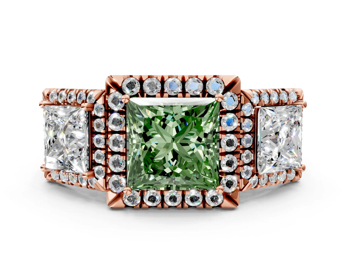 Rose gold Three-Stone Fancy Green Princess Cut Halo Diamond Ring with Pave Band and Four-Prong Setting