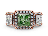 Rose gold Three-Stone Fancy Green Princess Cut Halo Diamond Ring with Pave Band and Four-Prong Setting