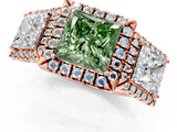 Rose gold Three-Stone Fancy Green Princess Cut Halo Diamond Ring with Pave Band and Four-Prong Setting_1