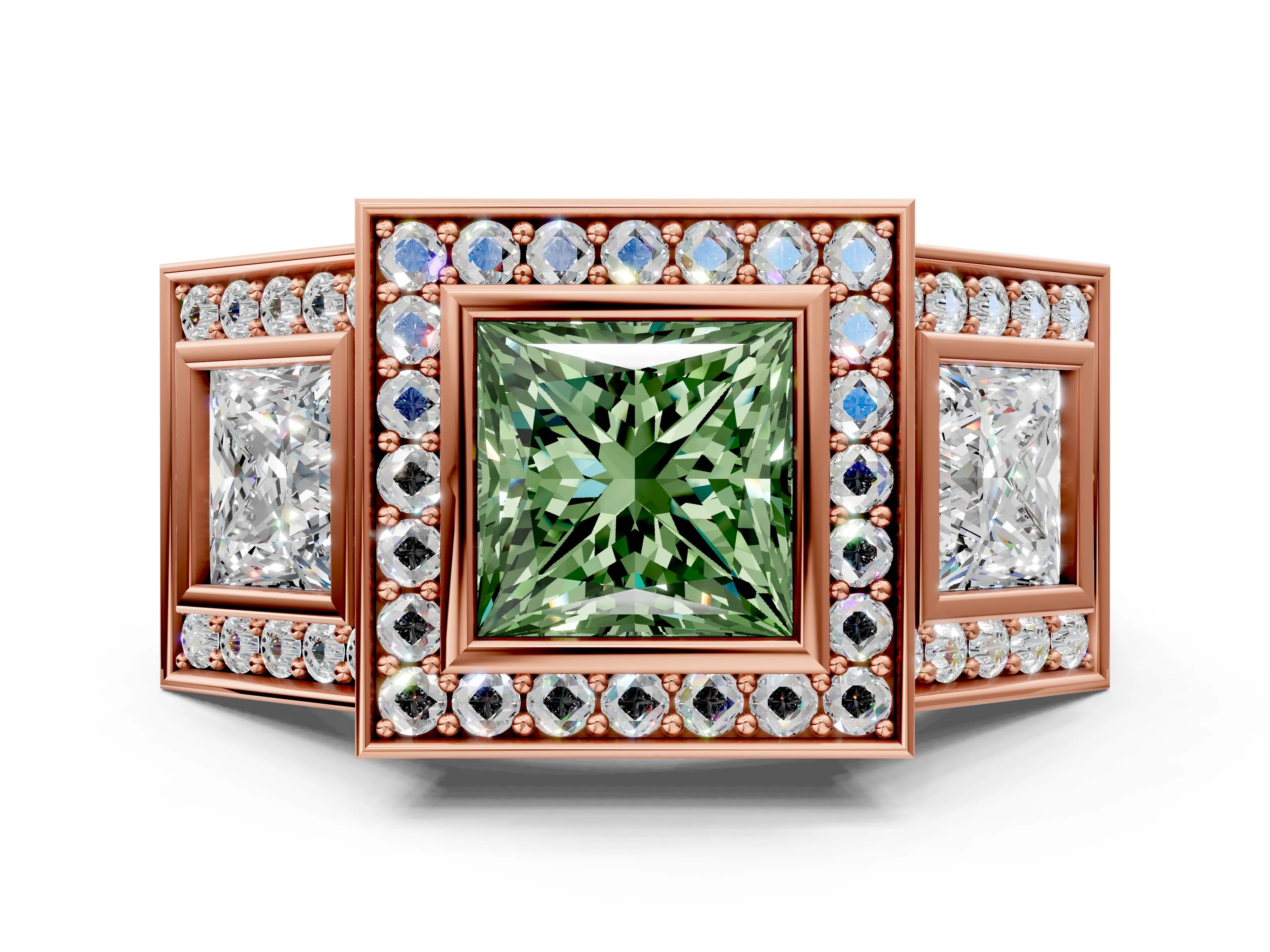 Rose gold Three-Stone Fancy Green Princess Cut Halo Pavé Diamond Ring_12