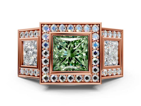 Rose gold Three-Stone Fancy Green Princess Cut Halo Pavé Diamond Ring_12