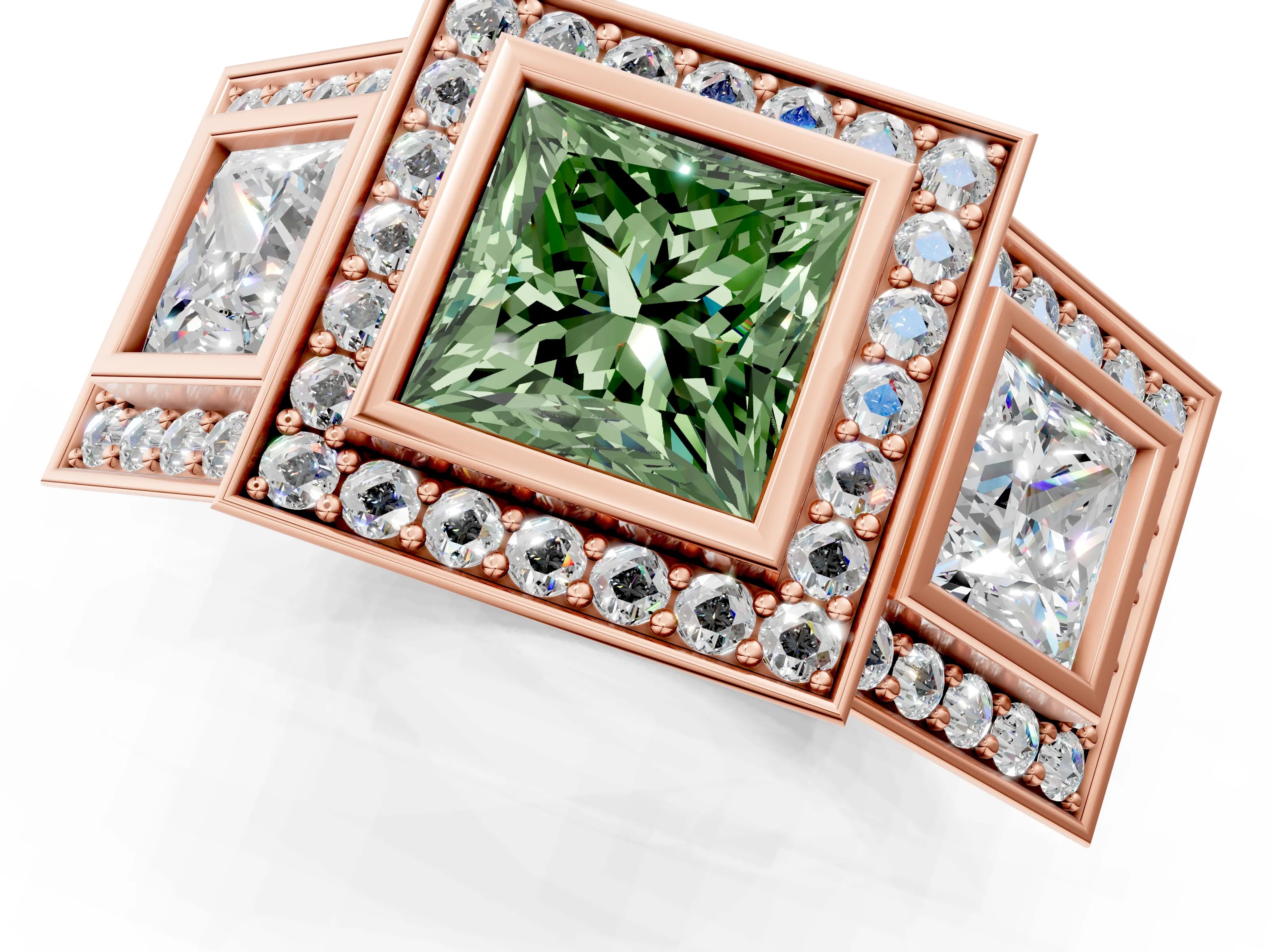 Rose gold Three-Stone Fancy Green Princess Cut Halo Pavé Diamond Ring_13