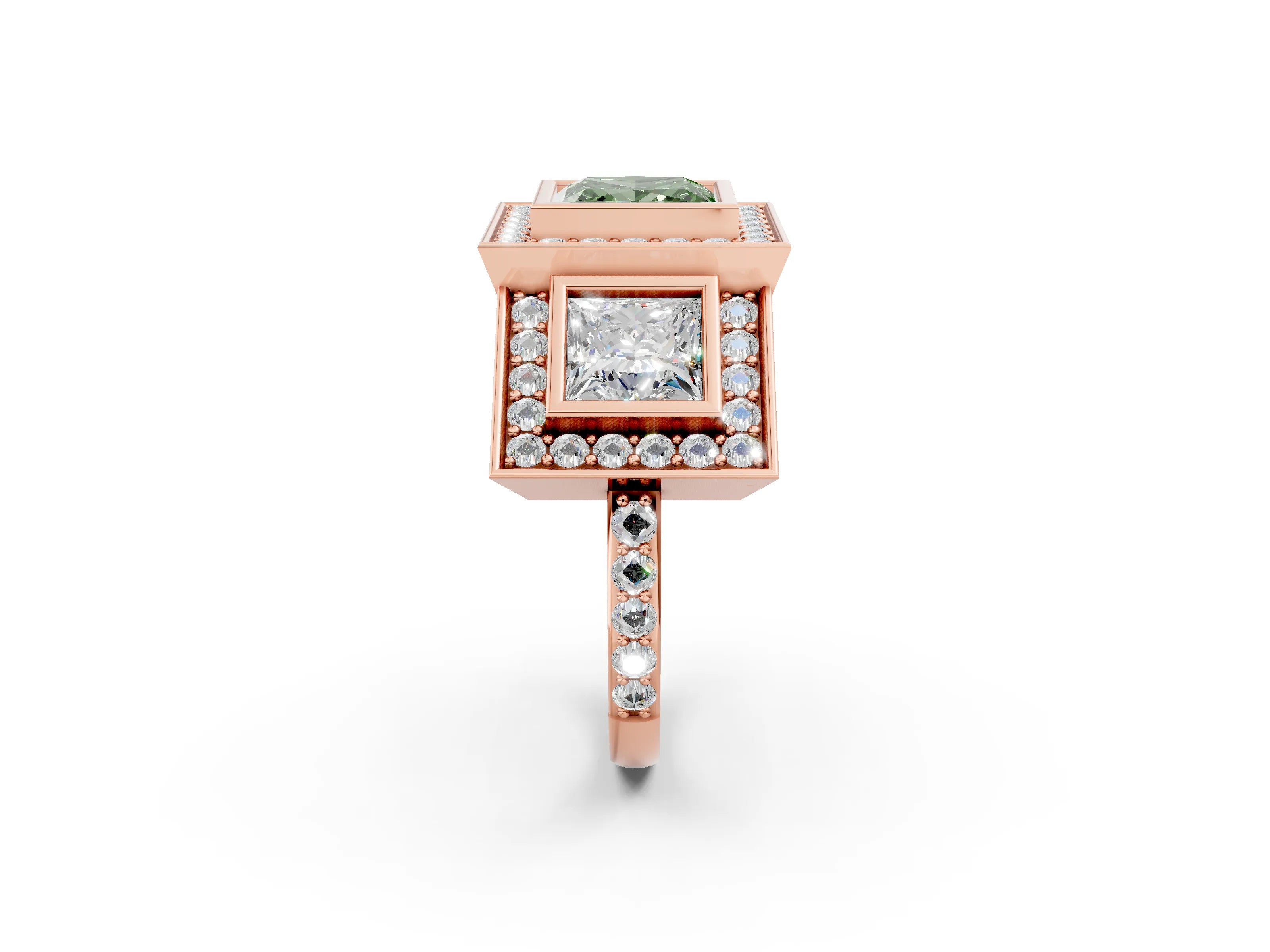 Rose gold Three-Stone Fancy Green Princess Cut Halo Pavé Diamond Ring_14