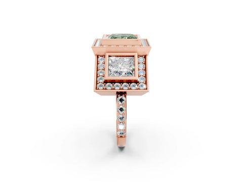 Rose gold Three-Stone Fancy Green Princess Cut Halo Pavé Diamond Ring_14