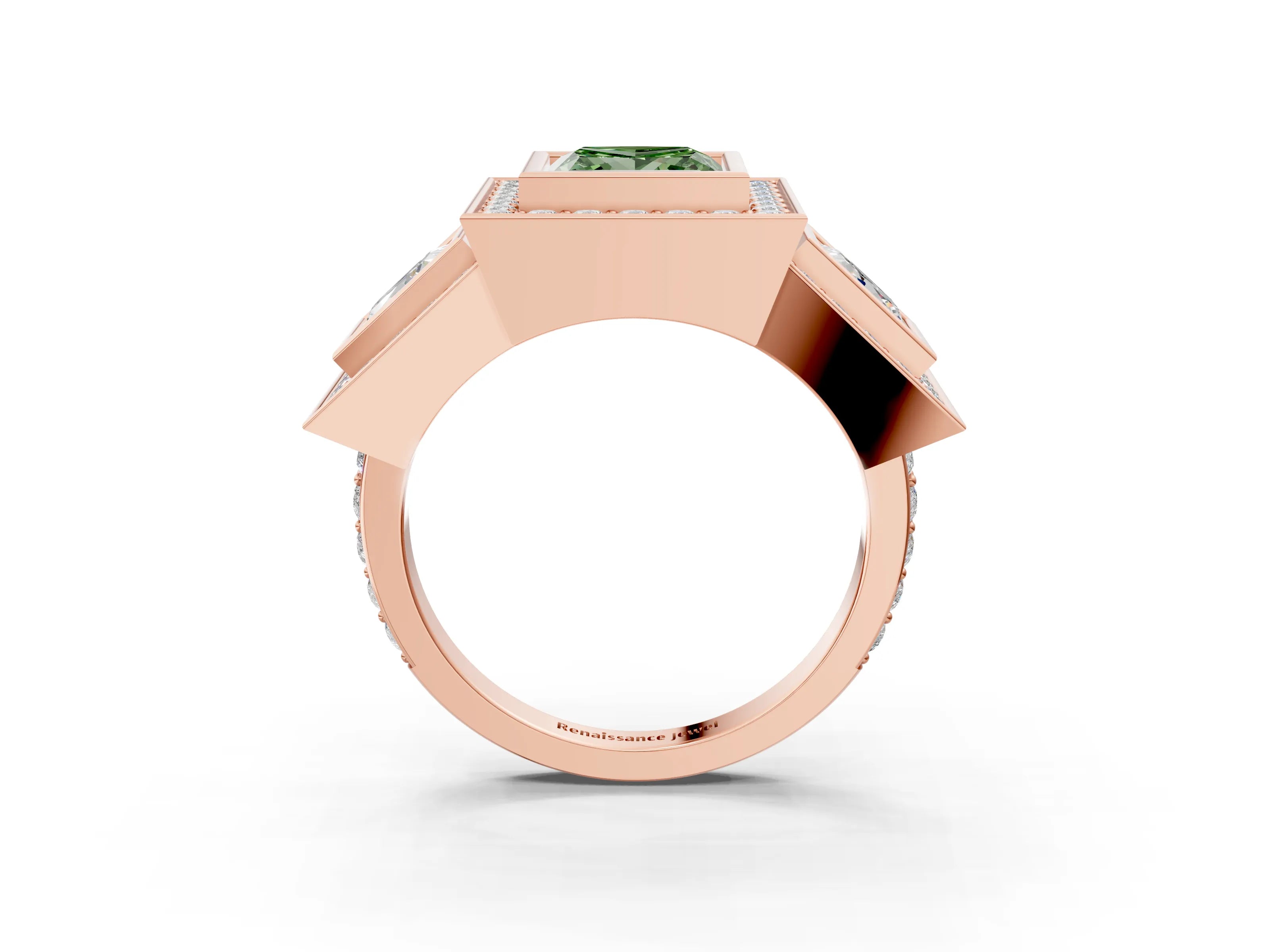 Rose gold Three-Stone Fancy Green Princess Cut Halo Pavé Diamond Ring_15