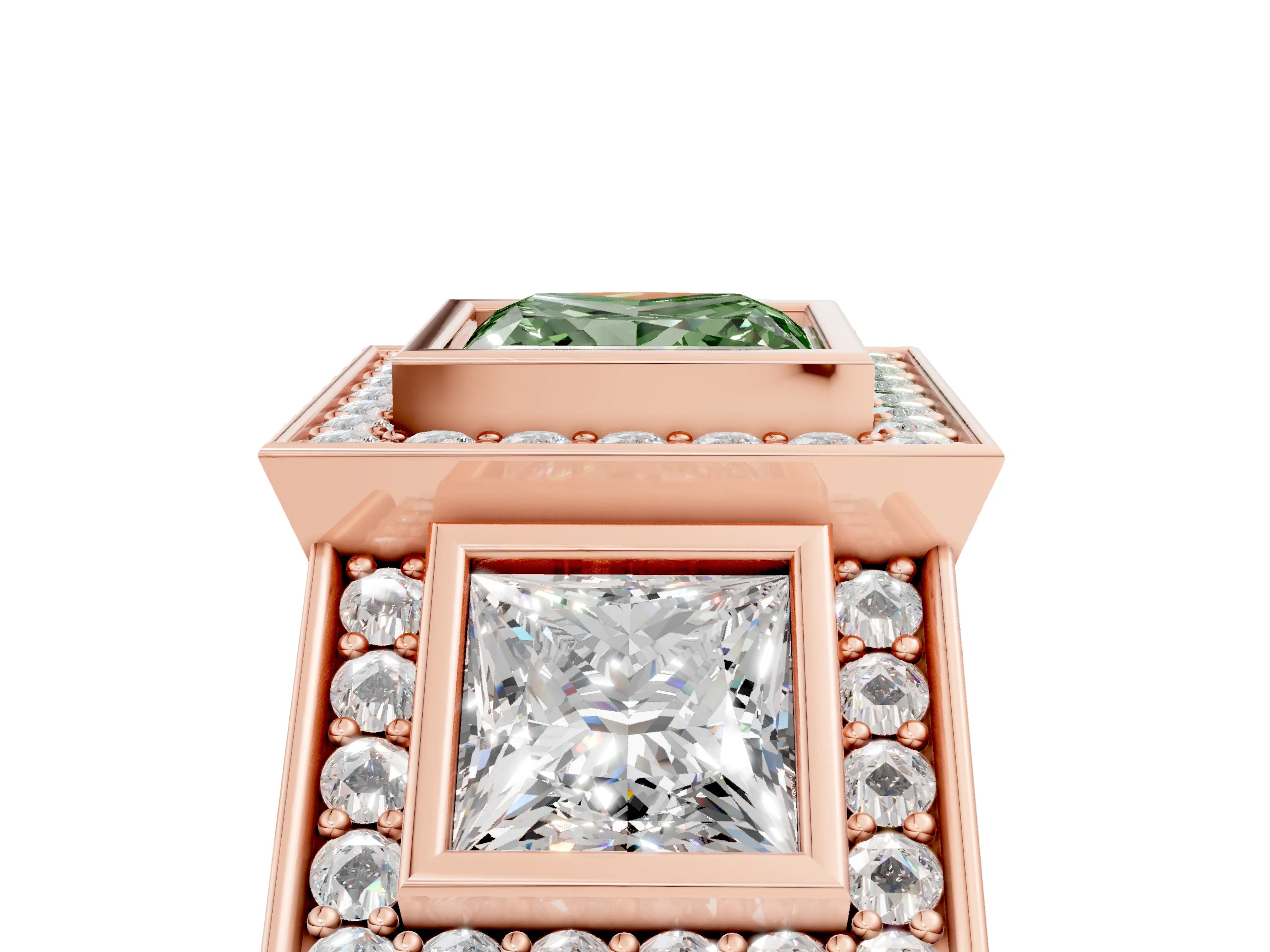 Rose gold Three-Stone Fancy Green Princess Cut Halo Pavé Diamond Ring_17