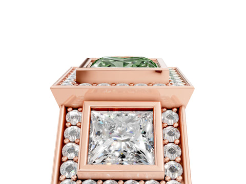 Rose gold Three-Stone Fancy Green Princess Cut Halo Pavé Diamond Ring_17