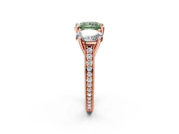 Rose Gold Princess Cut Three-Stone Engagement Ring Setting for Fancy Green Center with Pave Band