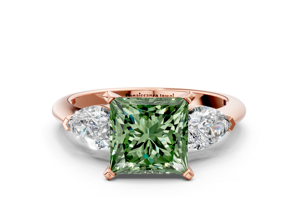 Rose gold Three-Stone Fancy Green Princess Cut Diamond Ring with Pear Side Stones and Four-Prong Setting
