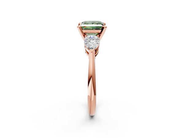 Rose gold Three-Stone Fancy Green Princess Cut Diamond Ring with Pear Side Stones and Four-Prong Setting