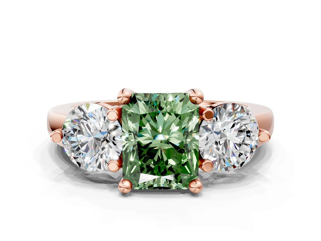 Rose gold Three-Stone Fancy Green Radiant  Brilliant Cut Solitaire Ring with Prong Setting on a Classic Band 1