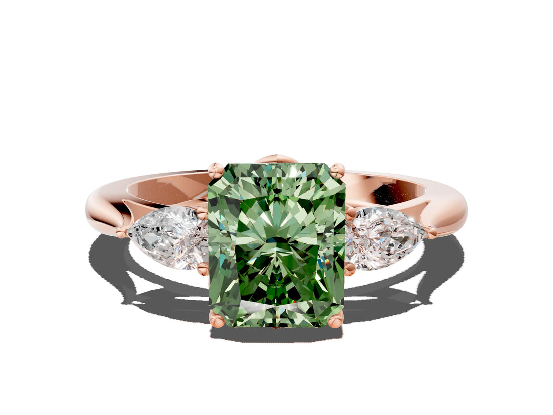 Rose gold Three-Stone Fancy Green Radiant Cut Brilliant Diamond Solitaire Ring with Tapered Band and Four-Prong Setting_3