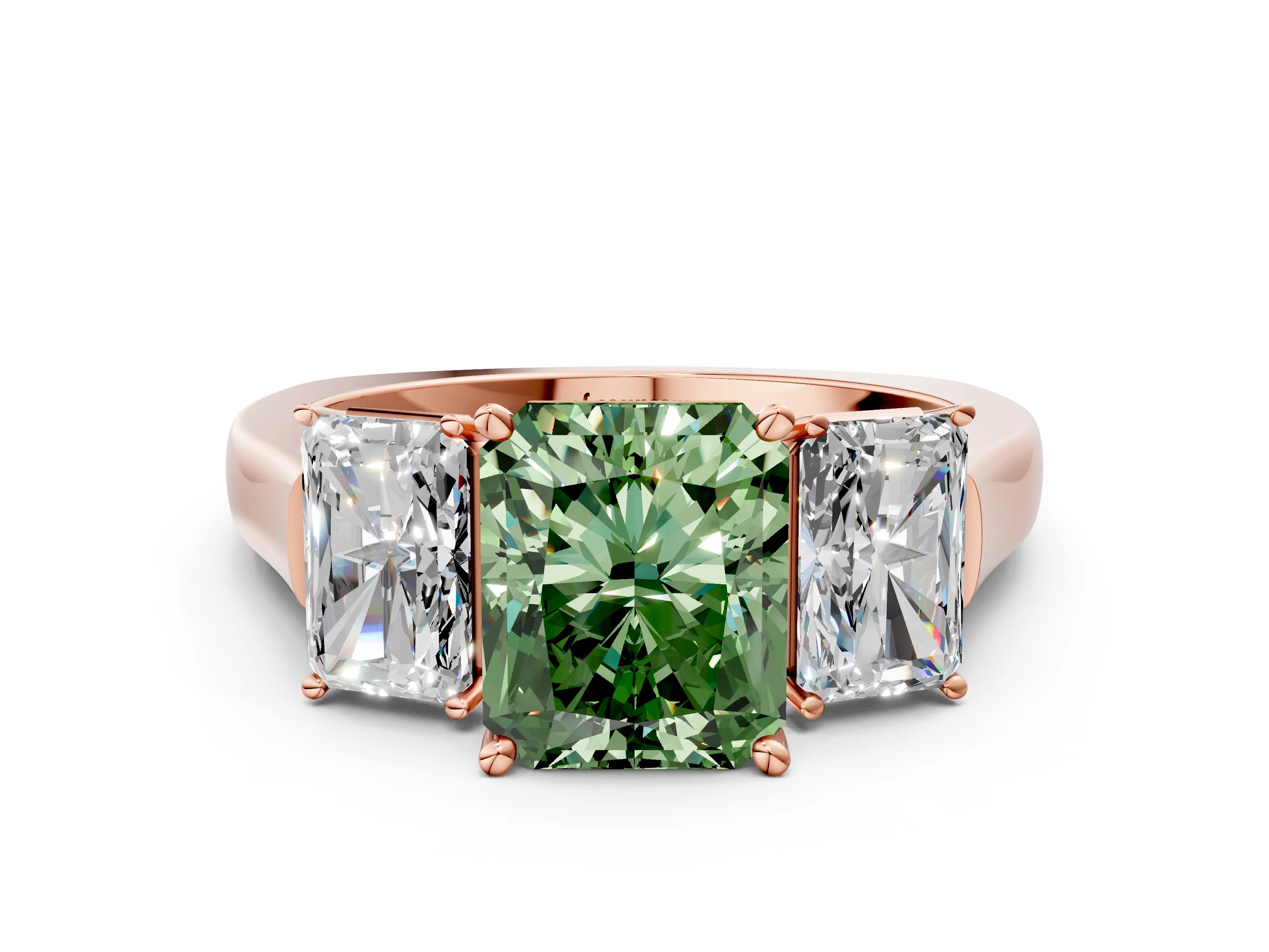 Rose gold Three-Stone Fancy Green Radiant Cut Brilliant Diamond Trellis Ring with Comfort Fit Band