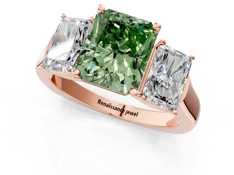 Rose gold Three-Stone Fancy Green Radiant Cut Brilliant Diamond Trellis Ring with Comfort Fit Band_1