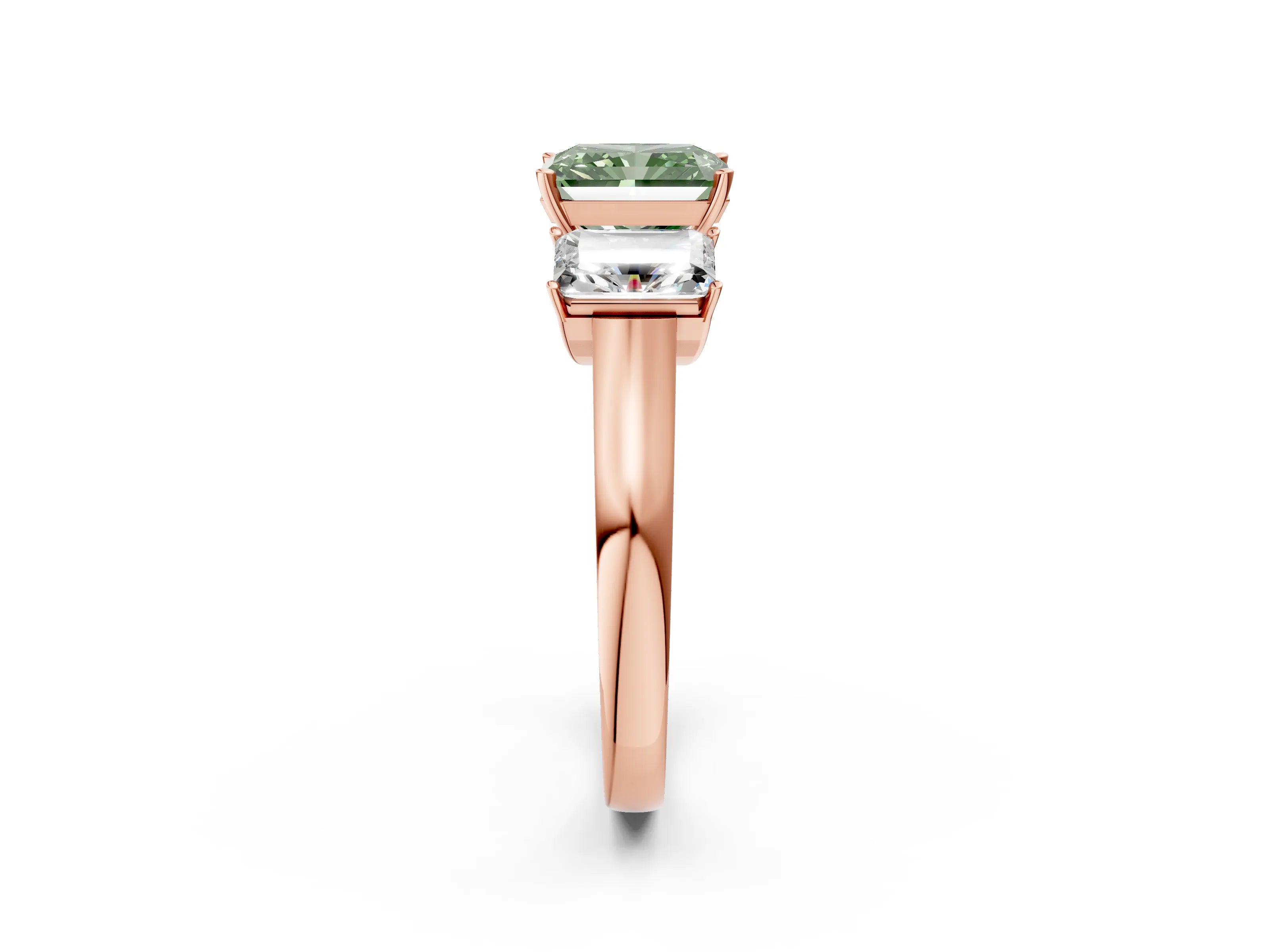 Rose gold Three-Stone Fancy Green Radiant Cut Brilliant Diamond Trellis Ring with Comfort Fit Band_2