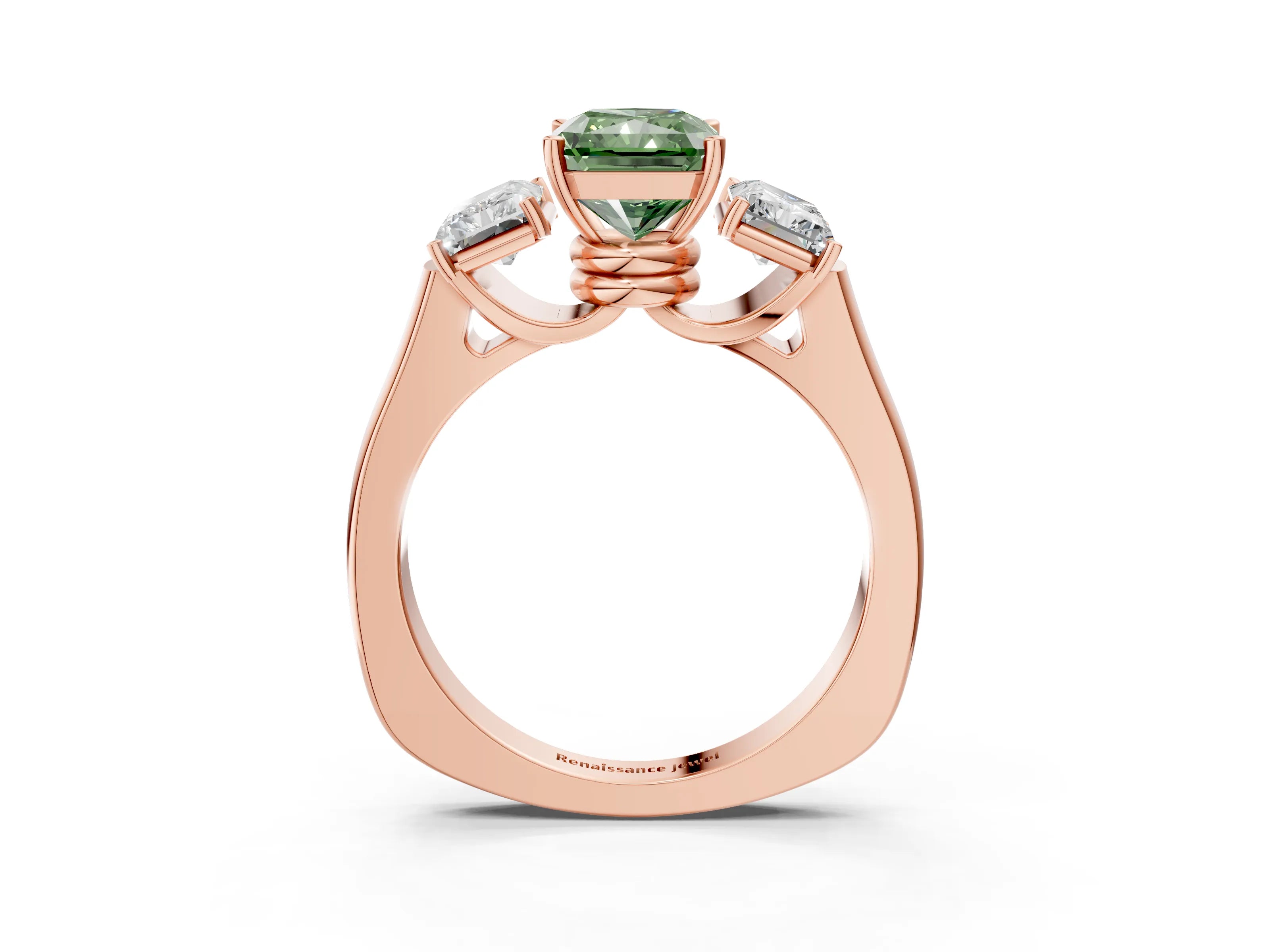 Rose gold Three-Stone Fancy Green Radiant Cut Brilliant Diamond Trellis Ring with Comfort Fit Band_3