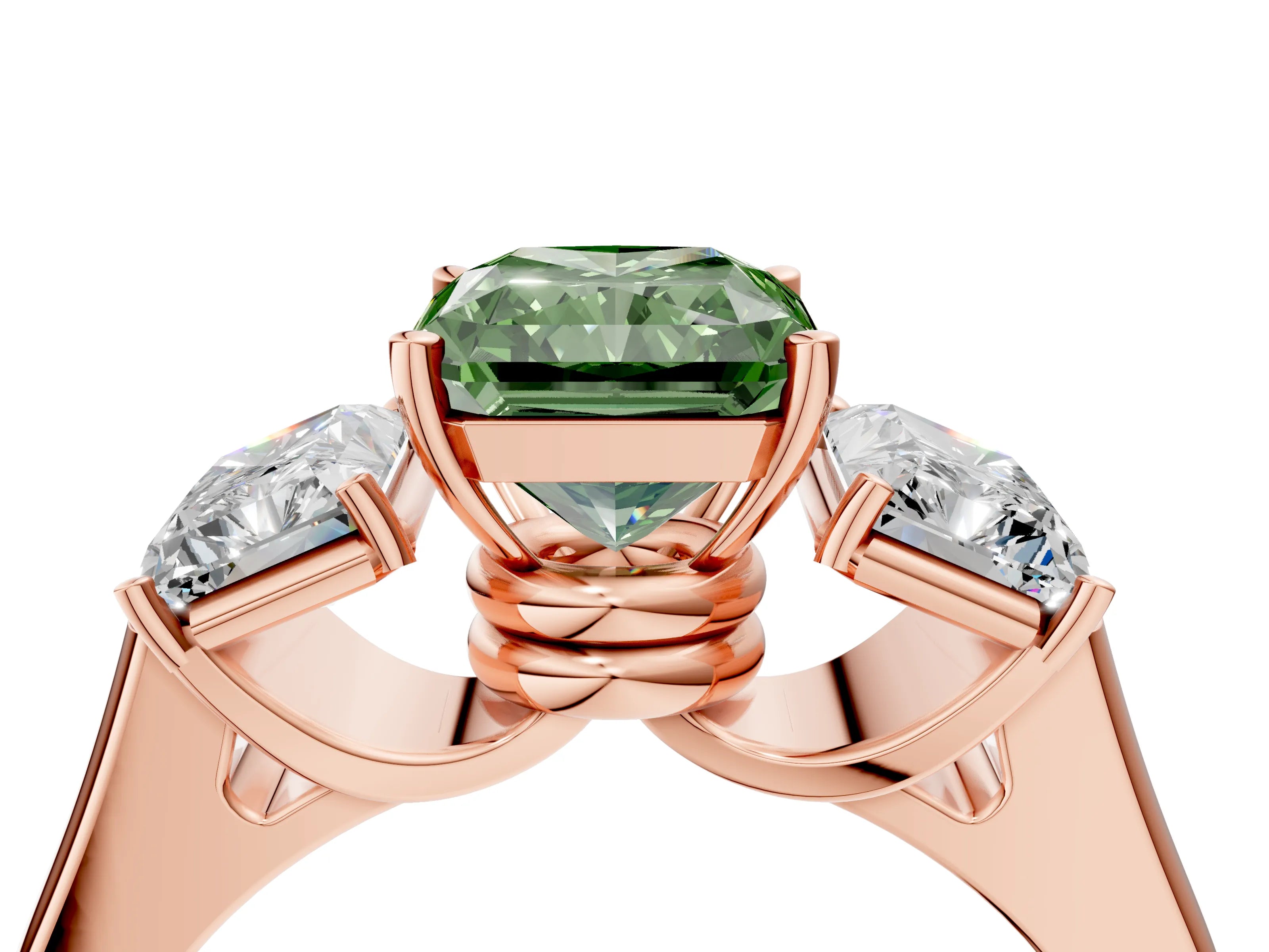 Rose gold Three-Stone Fancy Green Radiant Cut Brilliant Diamond Trellis Ring with Comfort Fit Band_4