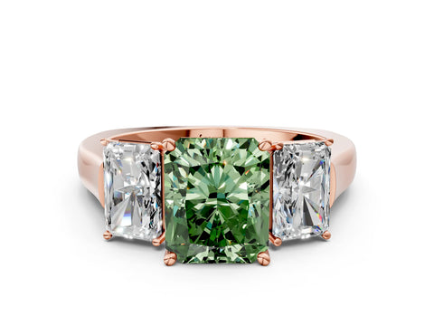 Rose gold Three-Stone Fancy Green Radiant Cut Brilliant Diamond Trellis Ring with Comfort Fit Band