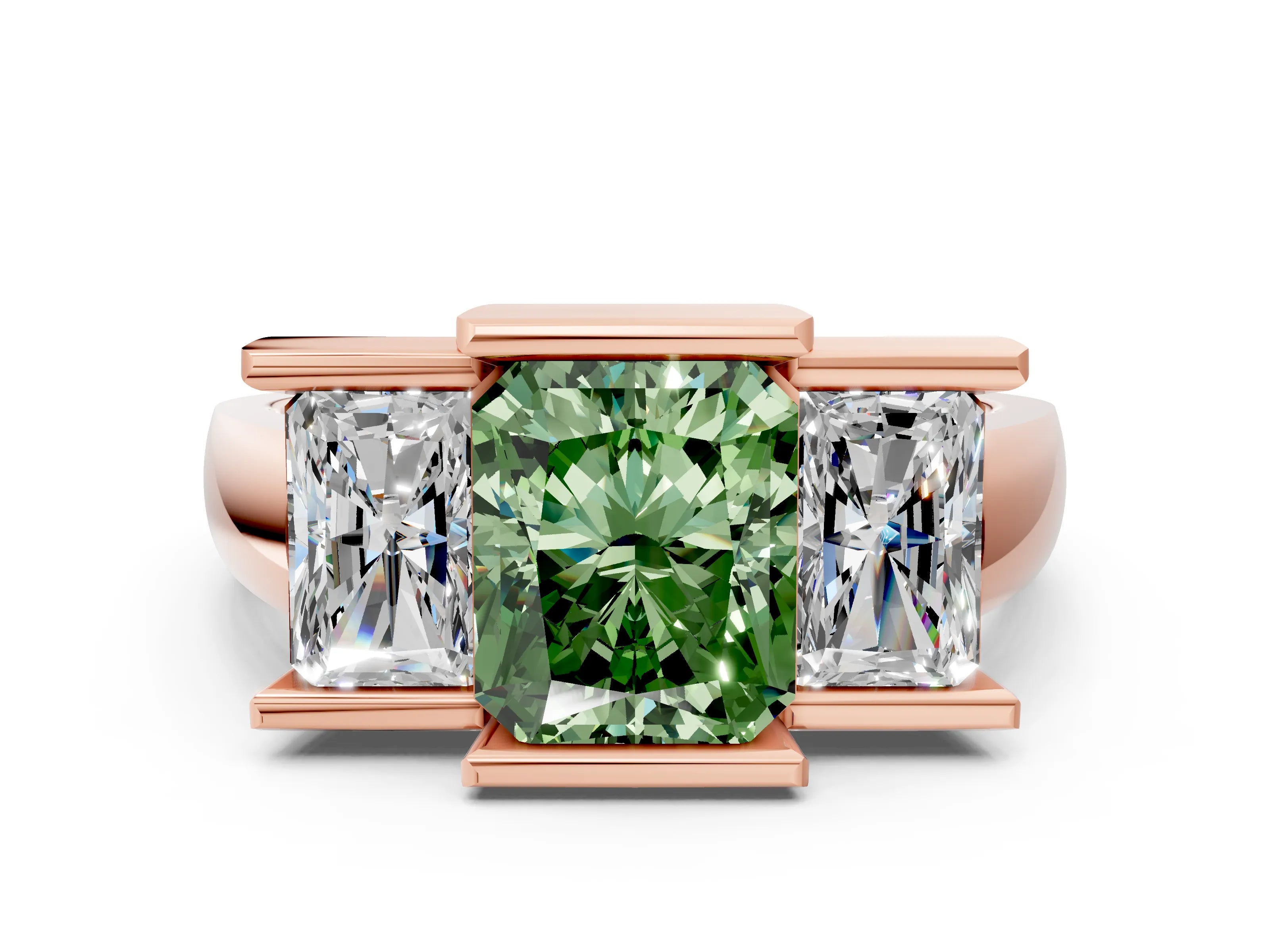 Rose gold Three Stone Fancy Green Radiant Cut Cut Channel Set Diamond Ring