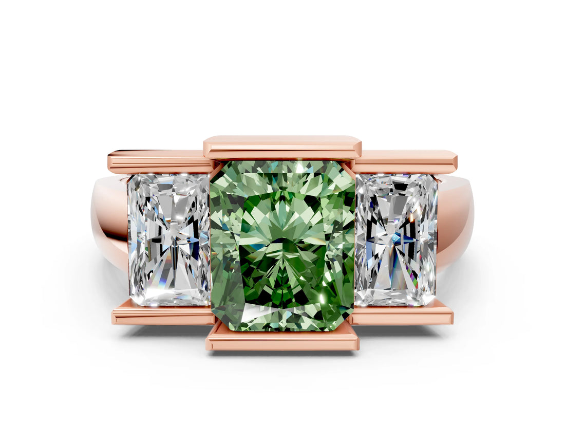 Rose gold Three Stone Fancy Green Radiant Cut Cut Channel Set Diamond Ring