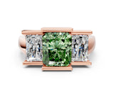 Rose gold Three Stone Fancy Green Radiant Cut Cut Channel Set Diamond Ring