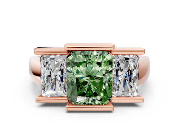 Rose gold Three Stone Fancy Green Radiant Cut Cut Channel Set Diamond Ring
