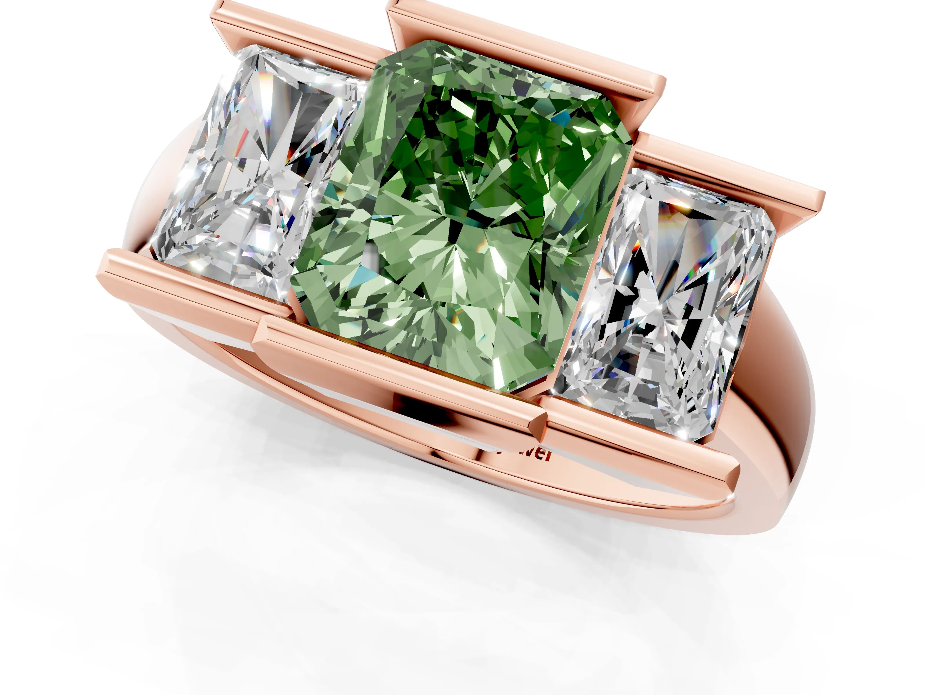 Rose gold Three Stone Fancy Green Radiant Cut Cut Channel Set Diamond Ring_1