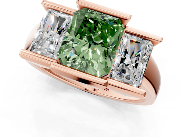 Rose gold Three Stone Fancy Green Radiant Cut Cut Channel Set Diamond Ring