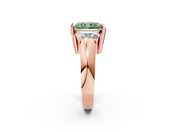 Rose gold Three Stone Fancy Green Radiant Cut Cut Channel Set Diamond Ring