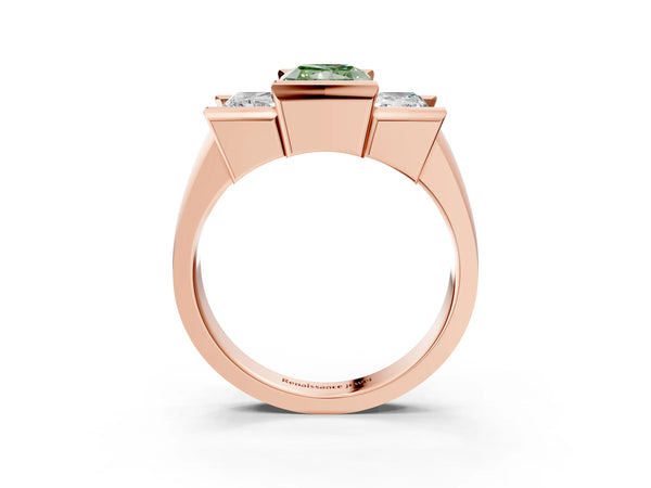 Rose gold Three Stone Fancy Green Radiant Cut Cut Channel Set Diamond Ring