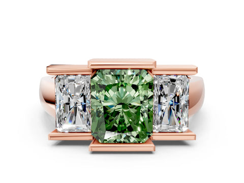 Rose gold Three Stone Fancy Green Radiant Cut Cut Channel Set Diamond Ring