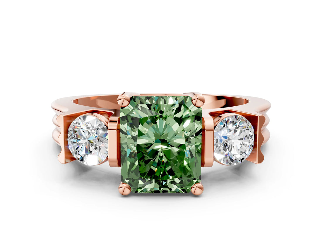 Rose gold Three-Stone Fancy Green Radiant Cut Cut Classic Band Prong Setting Ring