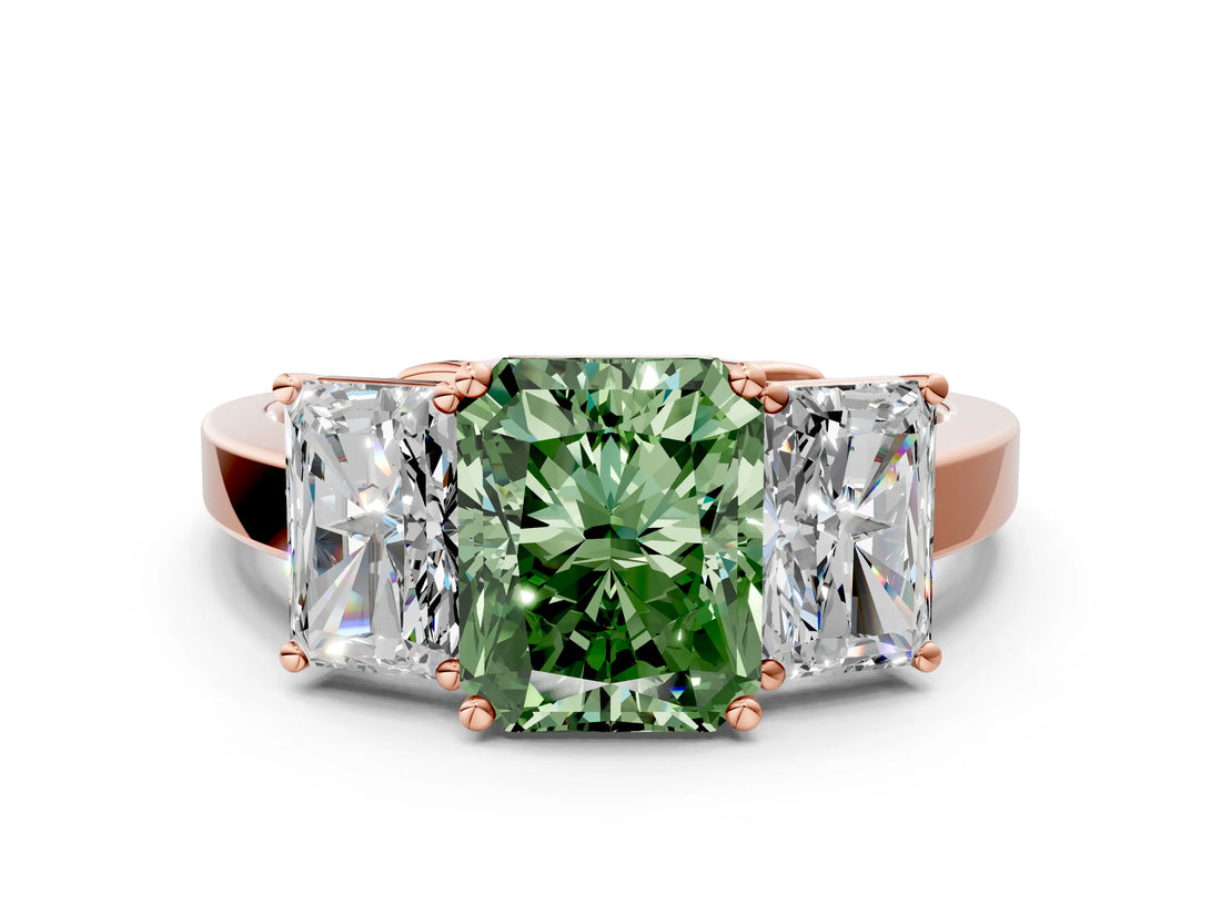 Rose gold Three-Stone Fancy Green Radiant Cut Cut Diamond Engagement Ring with Flat Band and Four-Prong Setting_12