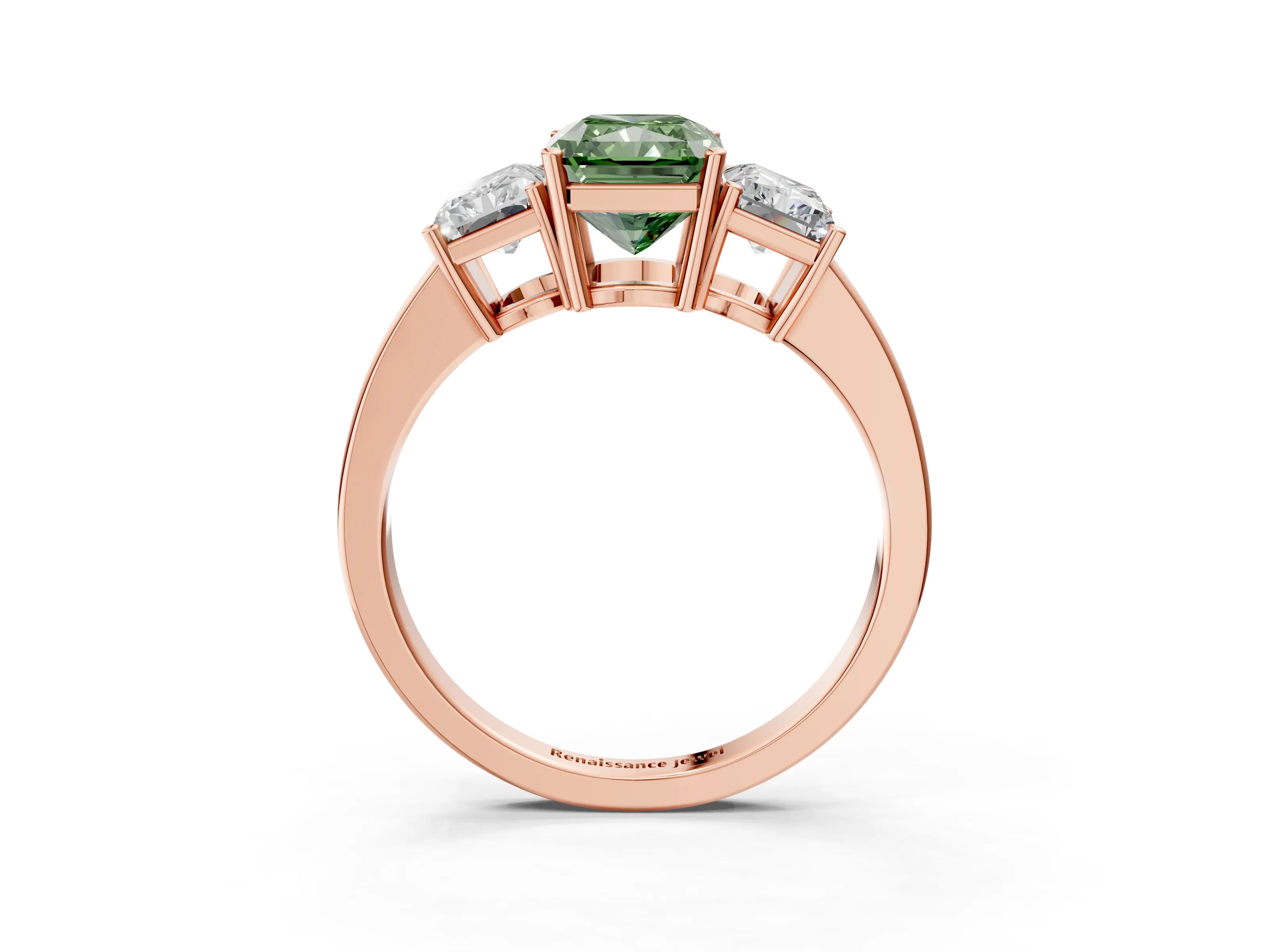 Rose gold Three-Stone Fancy Green Radiant Cut Cut Diamond Engagement Ring with Flat Band and Four-Prong Setting_15
