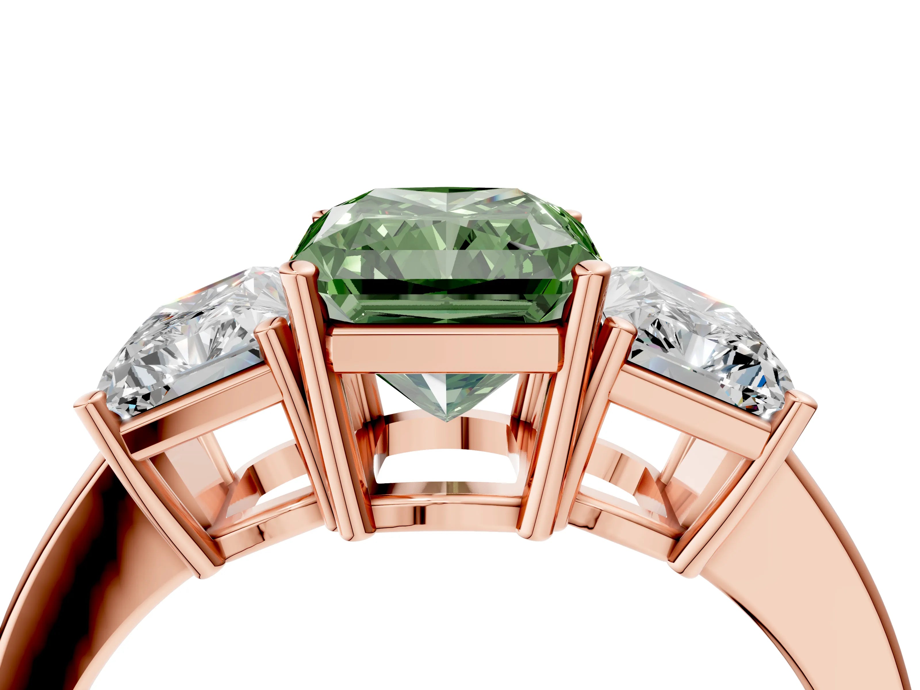 Rose gold Three-Stone Fancy Green Radiant Cut Cut Diamond Engagement Ring with Flat Band and Four-Prong Setting_16