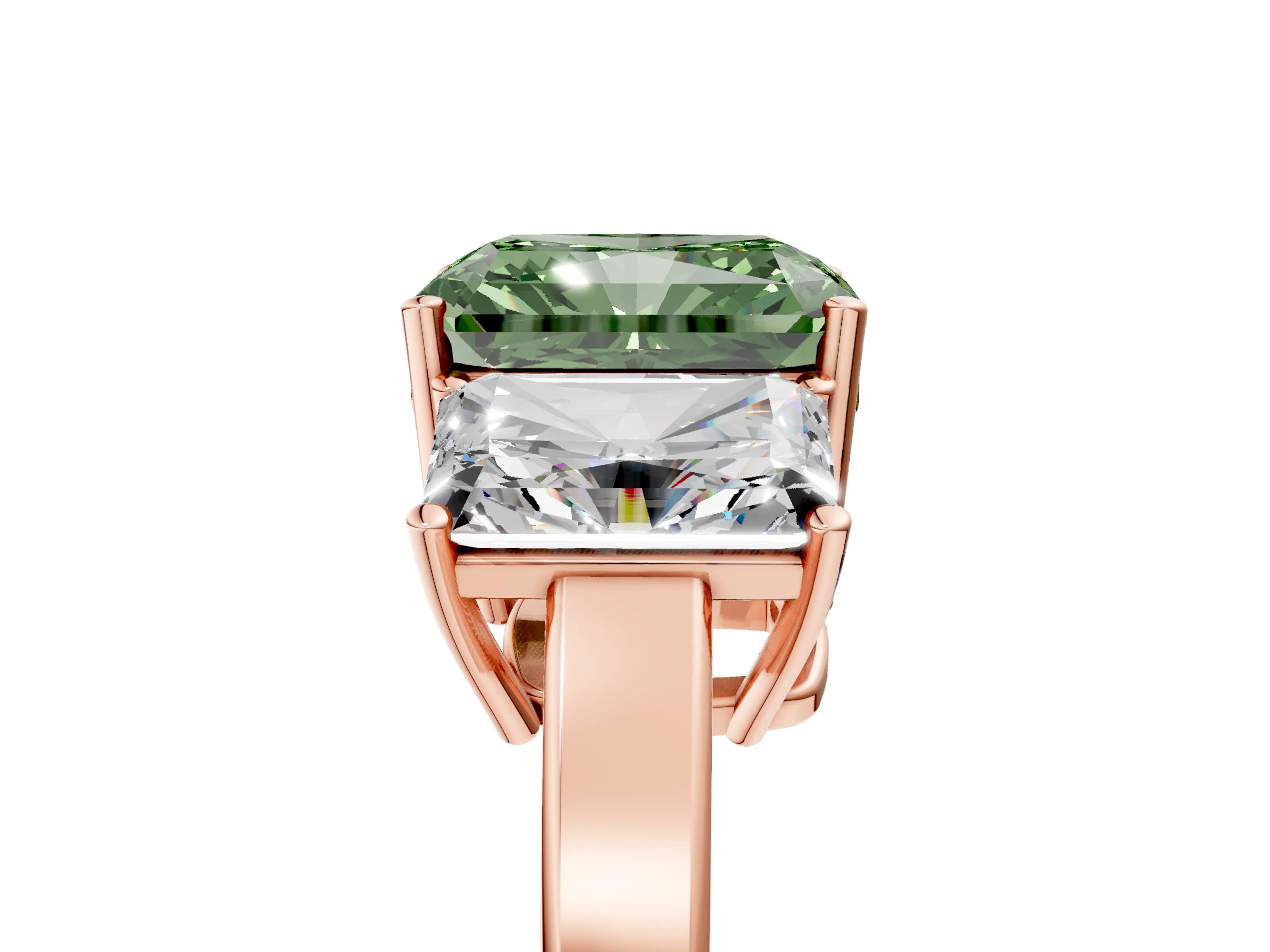 Rose gold Three-Stone Fancy Green Radiant Cut Cut Diamond Engagement Ring with Flat Band and Four-Prong Setting_5